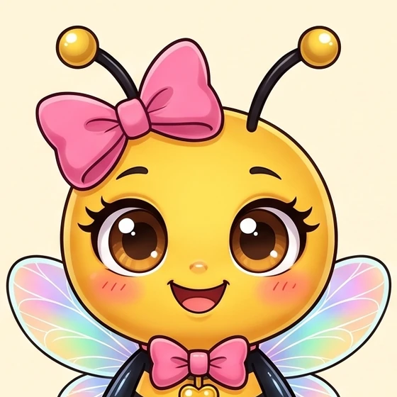 AmeBee, a cheerful yellow bee with a pink bow and rainbow wings