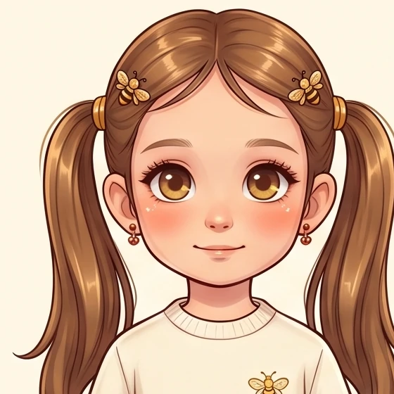 Amelie, a little girl with brown pigtails and golden bee hair clips